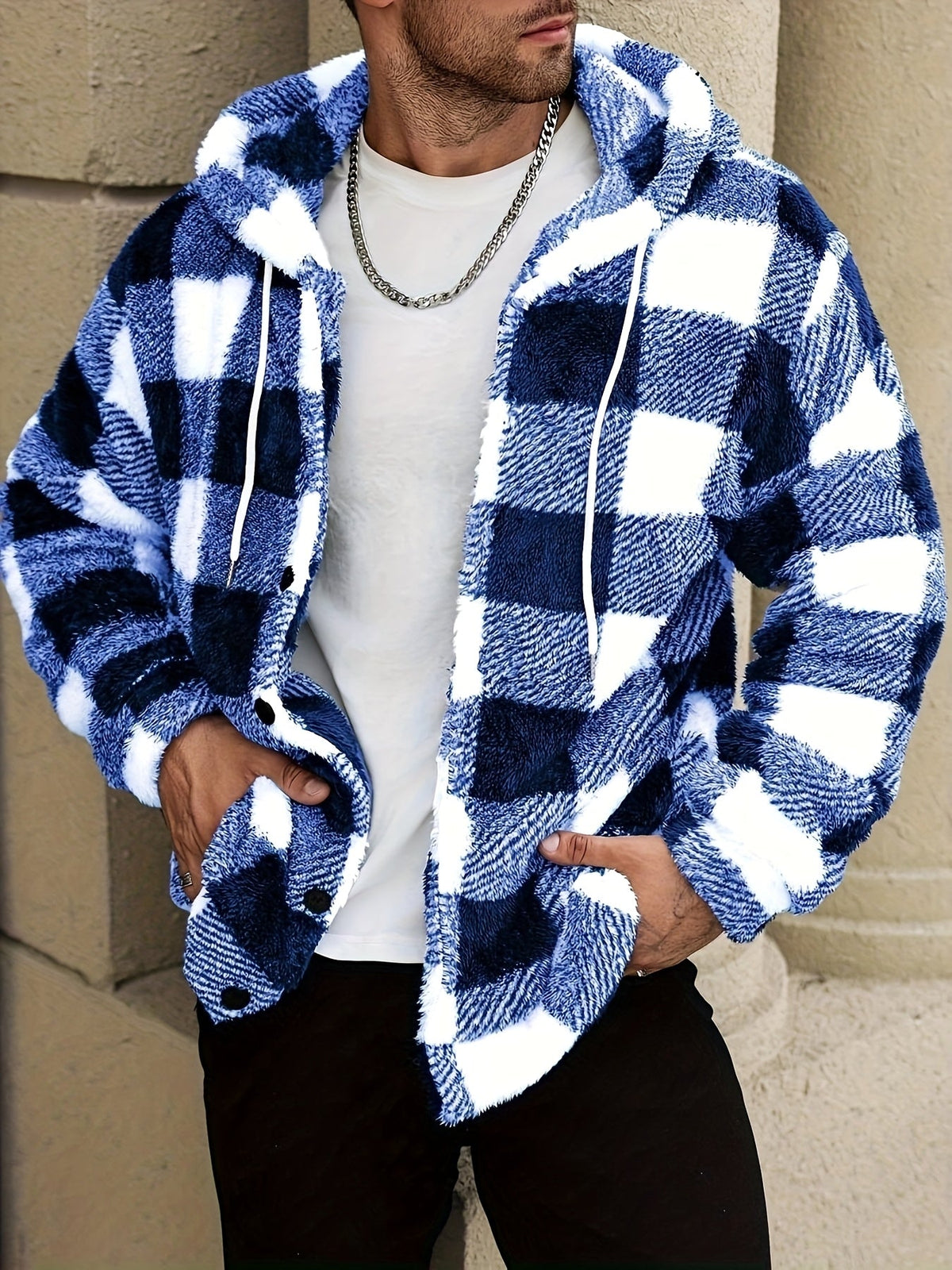 Men's Buffalo Check Hooded Pullover Snap Button Plush Knit Jacket