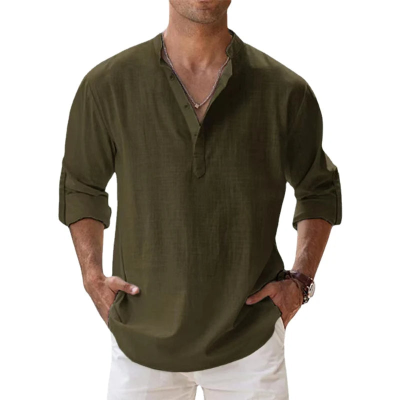 Men's Henley Linen Button Neck Long Sleeve