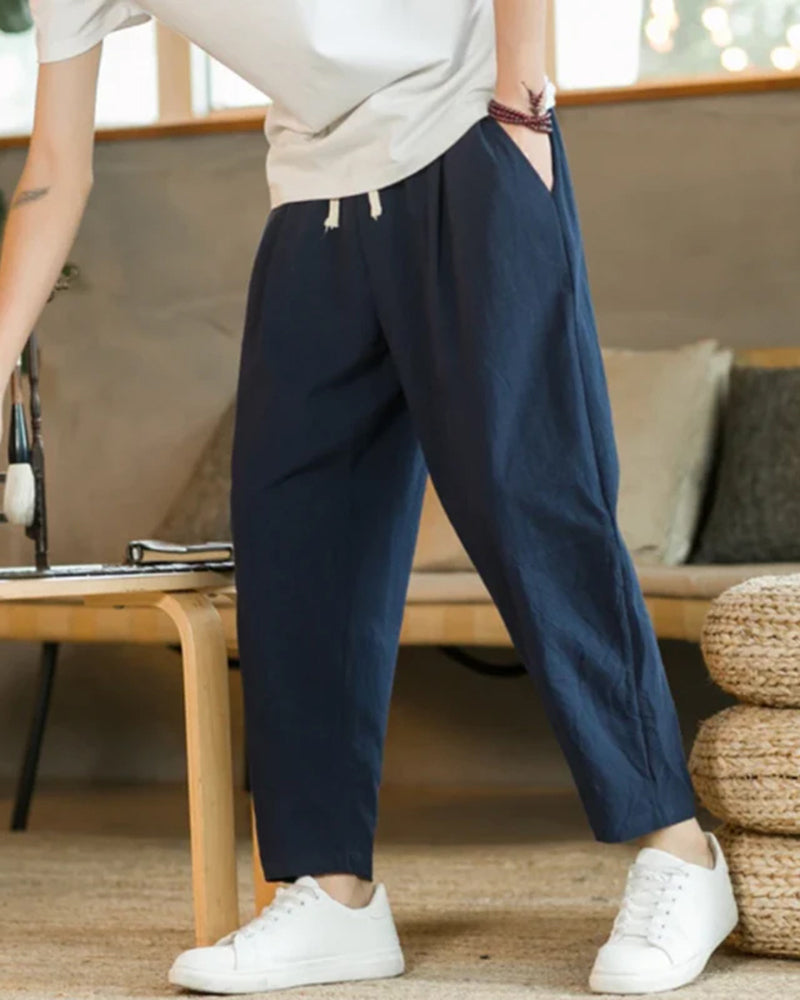 Trousers Cotton Linen Wide Fit Elasticated Waist