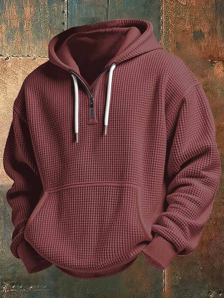 Men's Waffle Knit Quarter Zip Hoodie Kangaroo Pocket Drawstring Hood