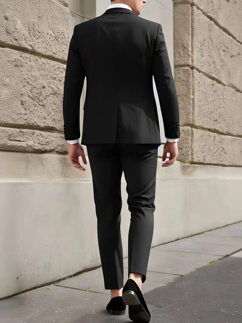 Slim Fit Suit Set Men Woven Fabric Notch Lapel Chest Pocket Straight Leg Ankle Length