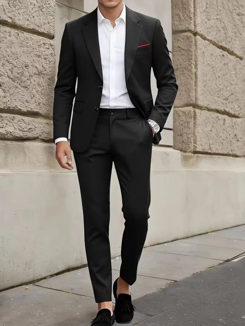 Slim Fit Suit Set Men Woven Fabric Notch Lapel Chest Pocket Straight Leg Ankle Length