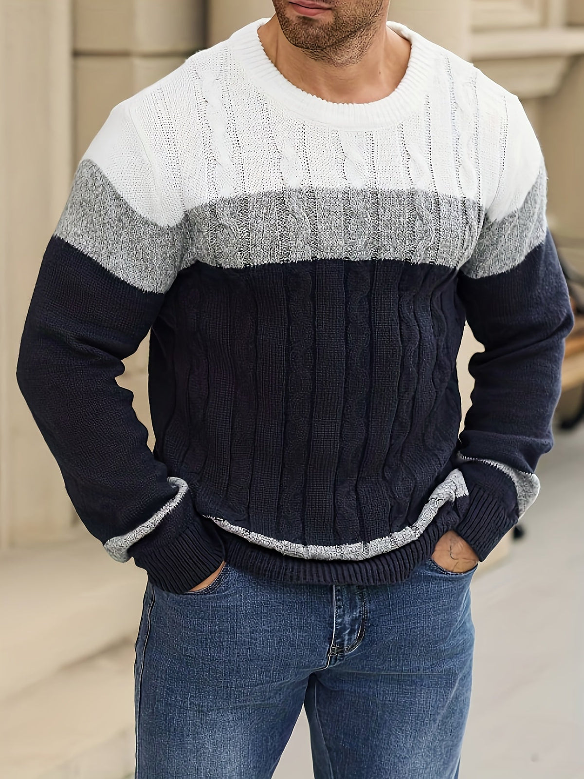 Men's Cable Knit Jumper Colour Block Crew Neck Ribbed Trim