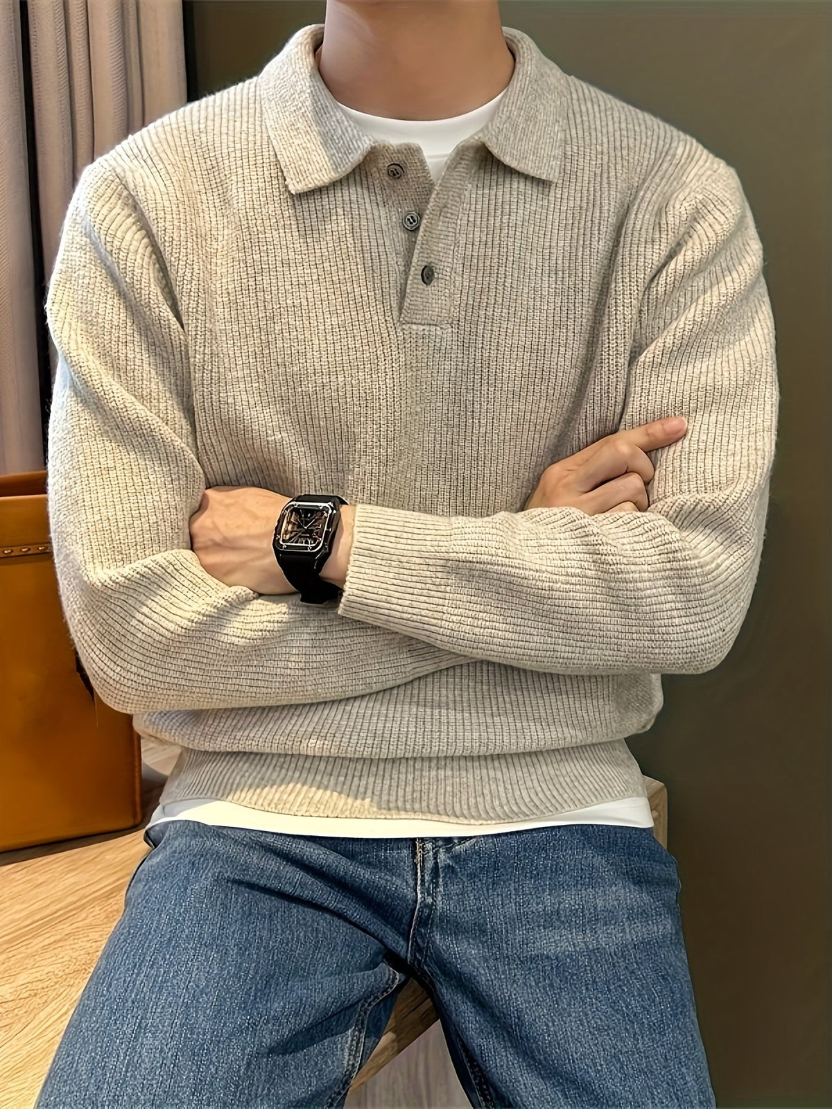 Men's Knitted Polo Ribbed Long Sleeve Stretch Cotton Blend