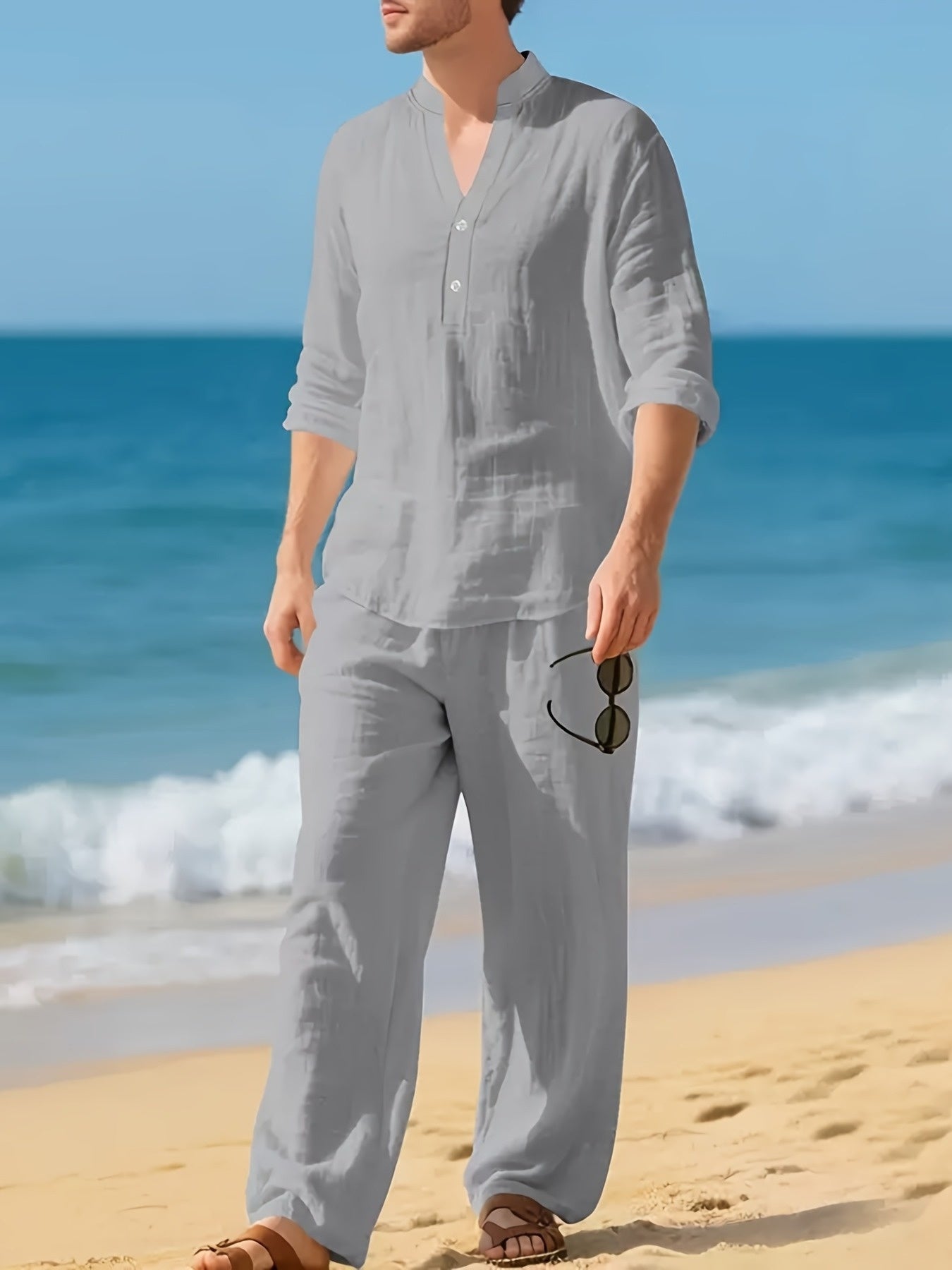 Men's Two Piece Set Linen Henley Relaxed Pants Casual Wear