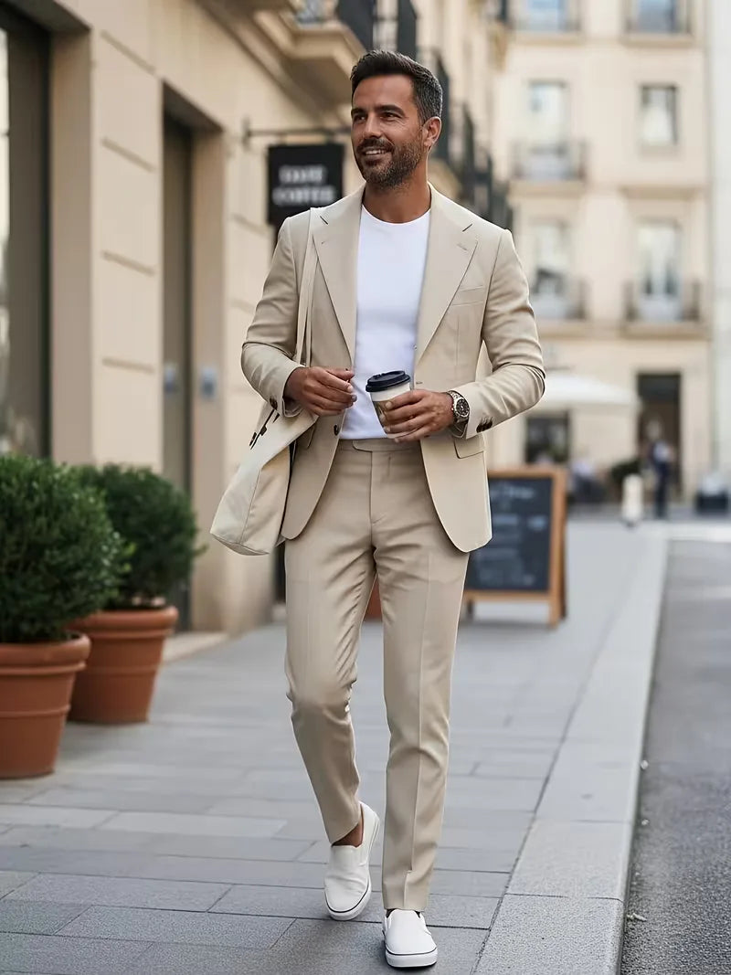 Slim Fit Suit Set Men Woven Fabric Notch Lapel Blazer Coordinated Trouser Smart Casual