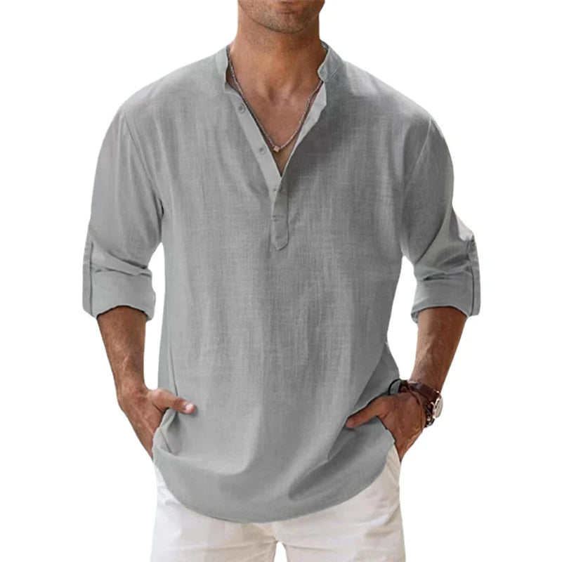 Men's Henley Linen Button Neck Long Sleeve