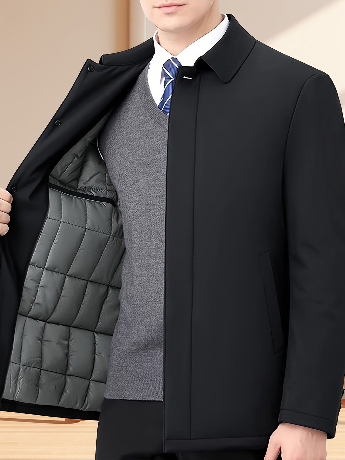 Men's Zip Up Jacket Notch Lapel Quilted Lined Classic Fit