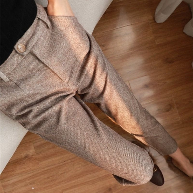 Trousers Herringbone Tapered Mid Rise Button Closure