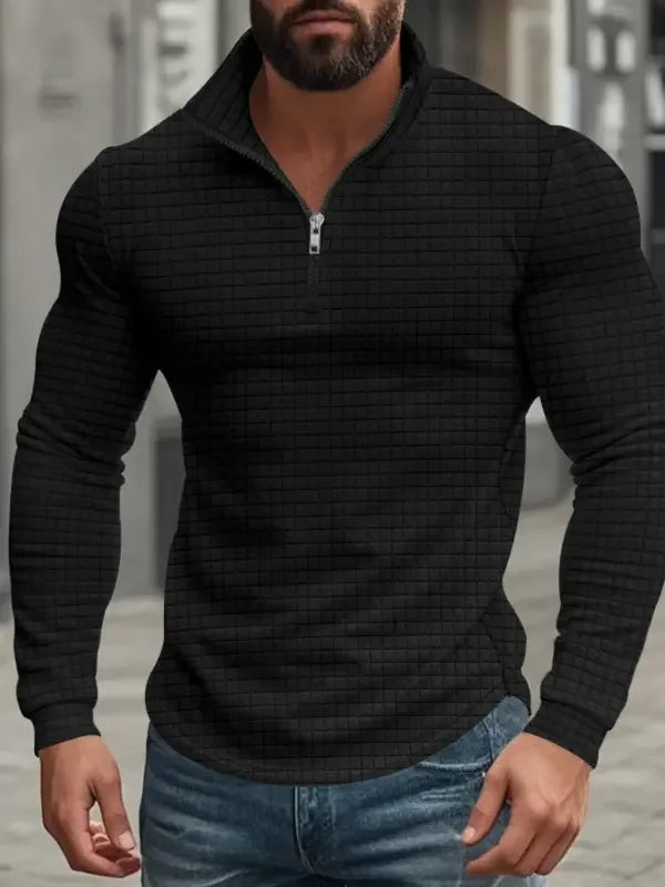 Men's Quarter Zip Pullover Ribbed Textured Stand Collar Long Sleeve