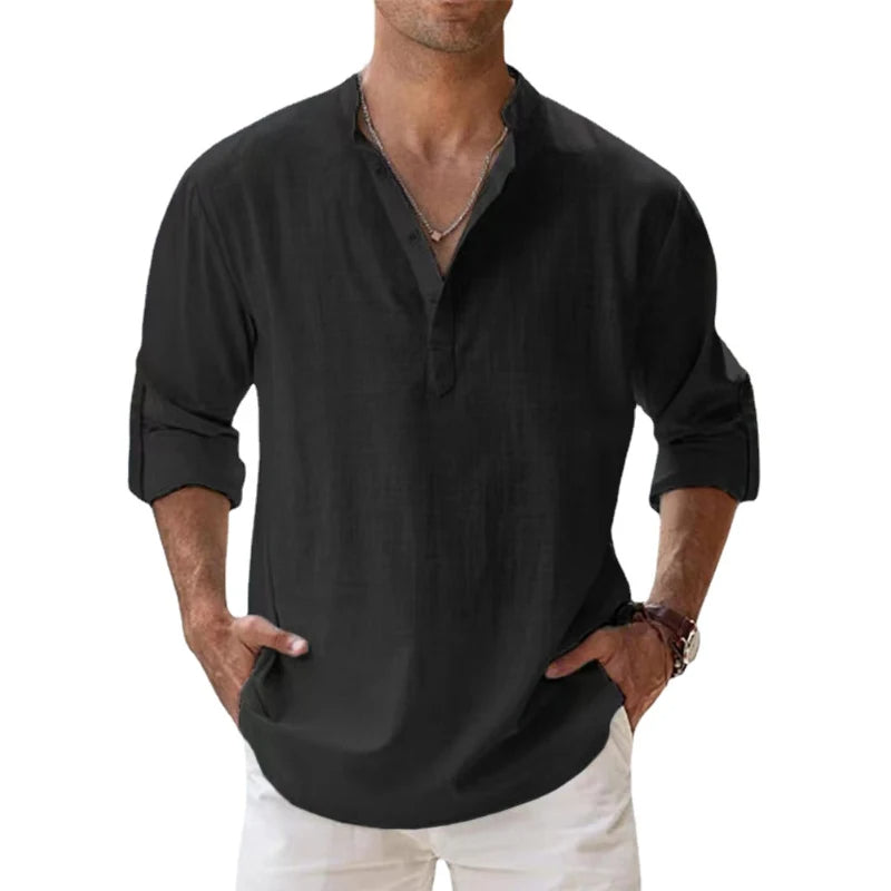 Men's Henley Linen Button Neck Long Sleeve