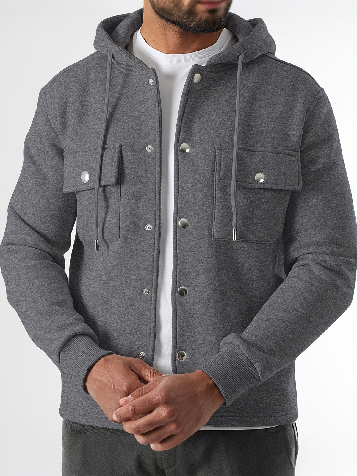 Men's Hooded Overshirt Knitted Shacket Chest Pockets Button Front