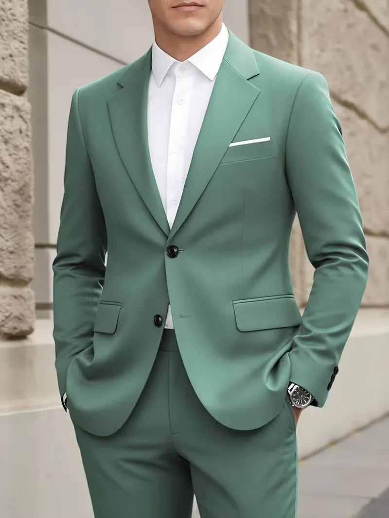 Slim Fit Suit Set Men Woven Fabric Notch Lapel Chest Pocket Straight Leg Ankle Length