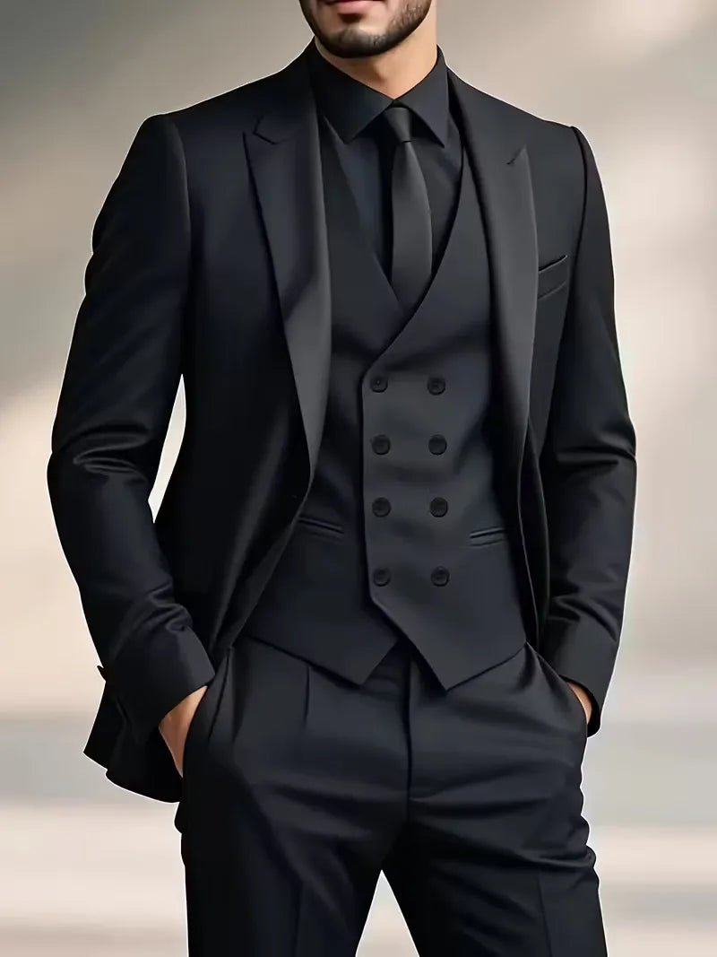 Three Piece Suit Set Men Woven Fabric Slim Fit Double Breasted Waistcoat Formal