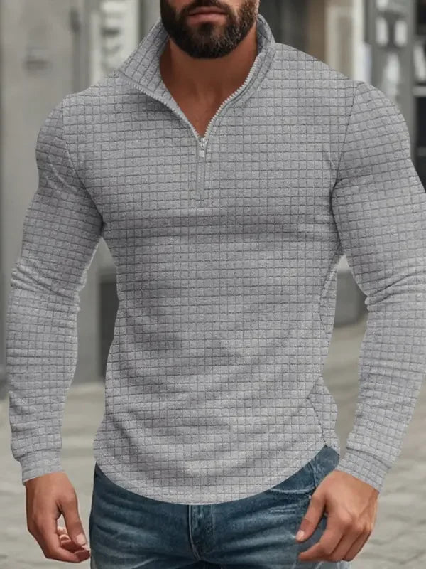 Men's Quarter Zip Pullover Ribbed Textured Stand Collar Long Sleeve