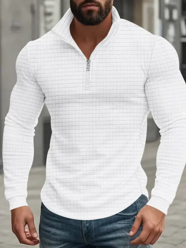 Men's Quarter Zip Pullover Ribbed Textured Stand Collar Long Sleeve