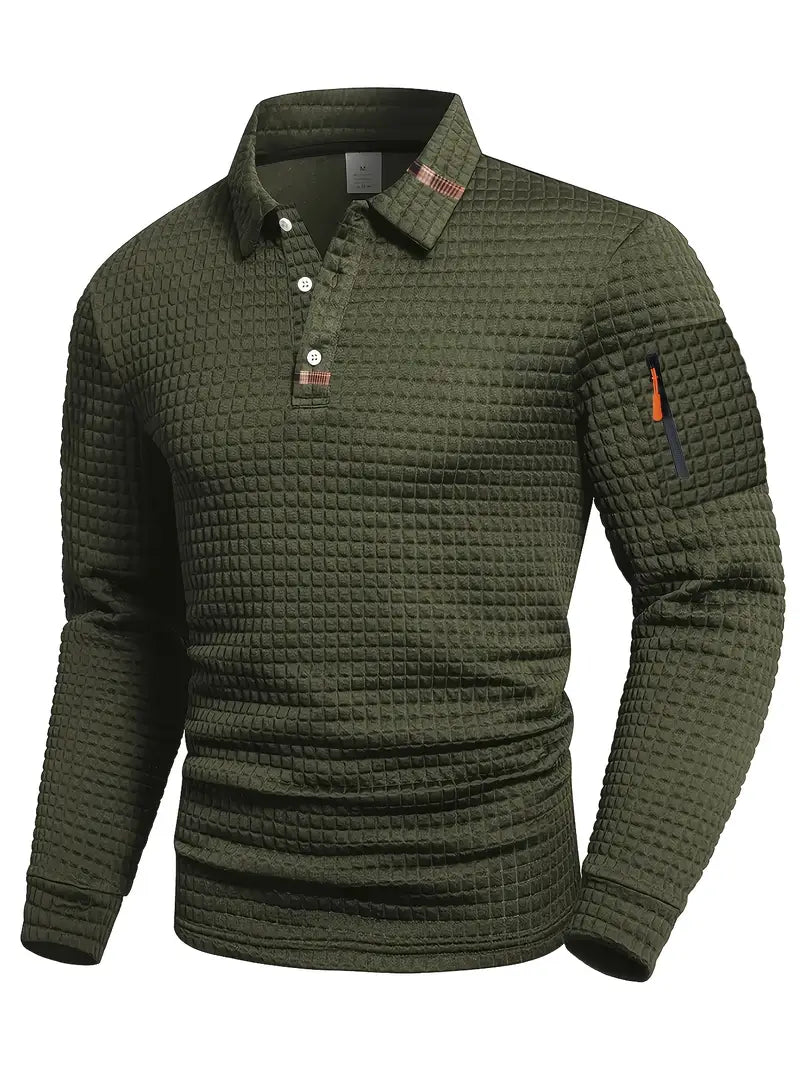 Men's Long Sleeve Polo Shirt Textured Slim Fit Tipped Collar with Sleeve Pocket