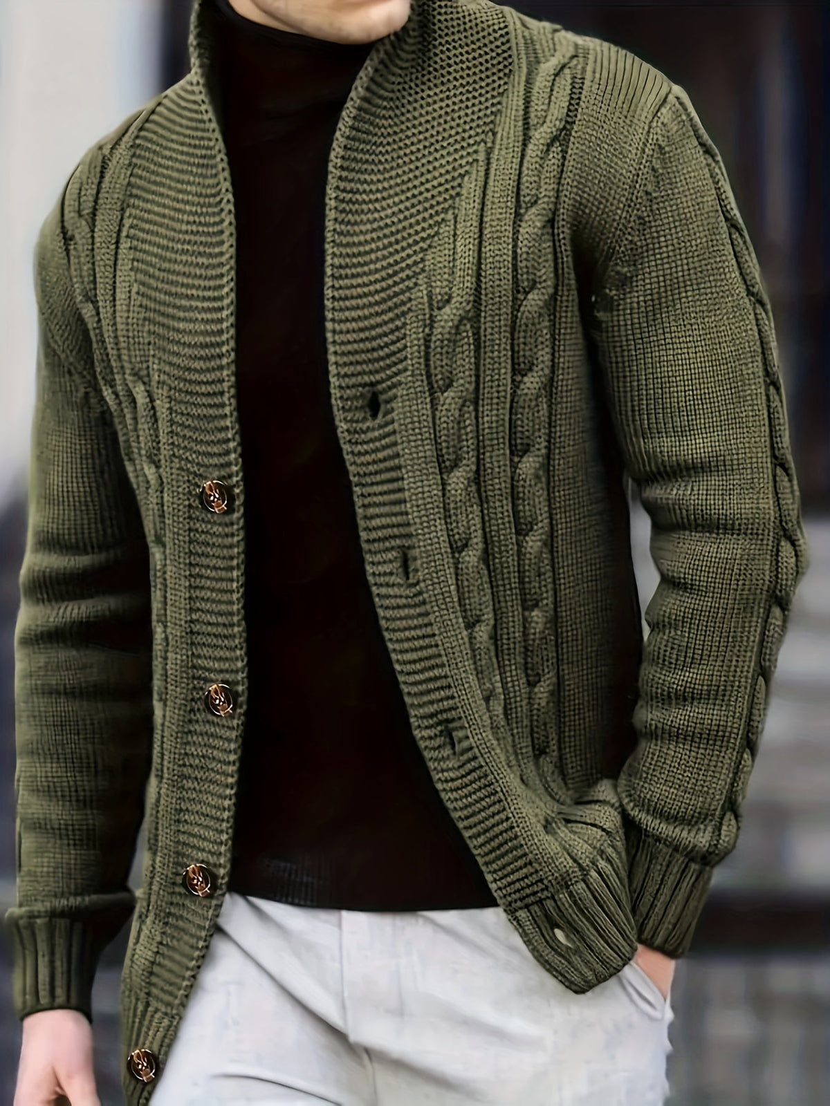 Men’s Cable Knit Button Cardigan with V-Neck