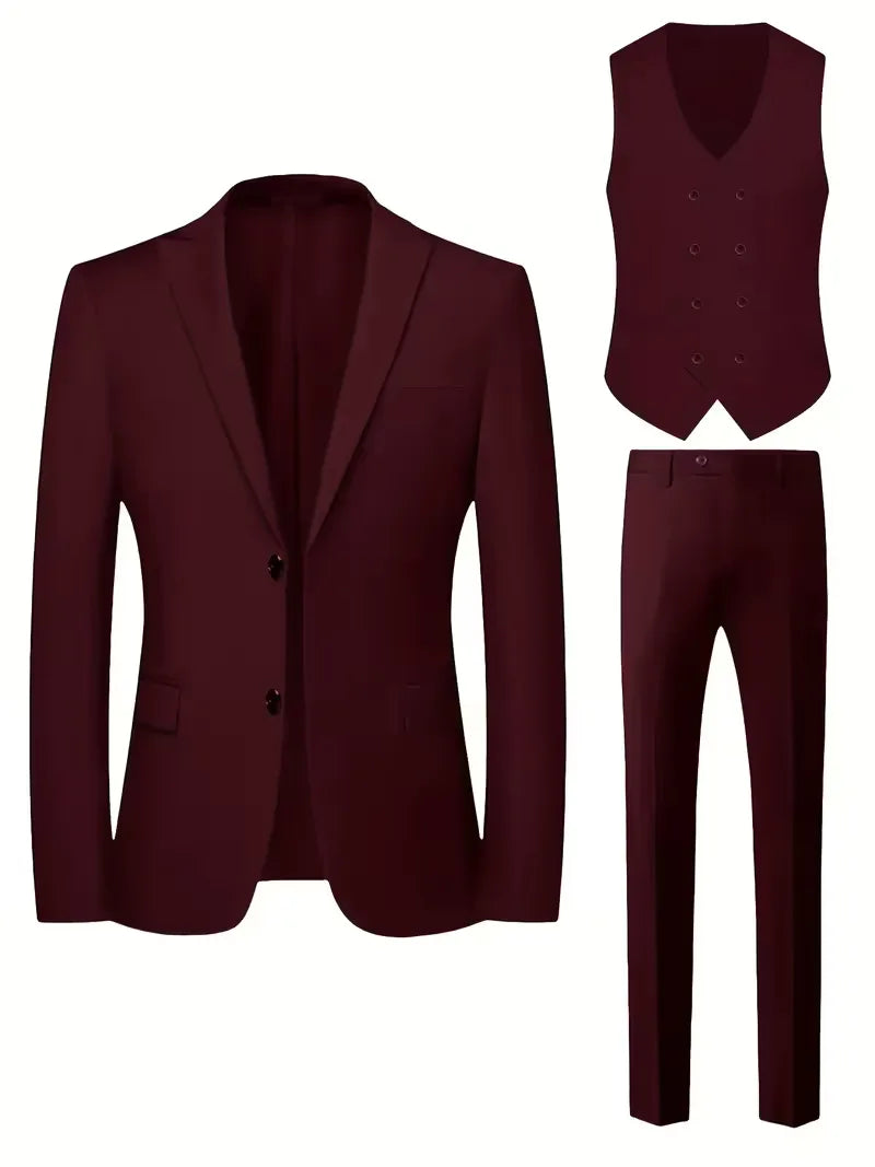 Three Piece Suit Set Men Woven Fabric Slim Fit Double Breasted Waistcoat Formal