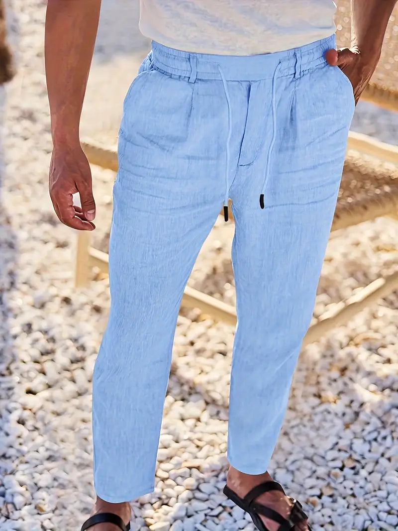Trousers Linen Straight Fit Elasticated Drawstring Waist
