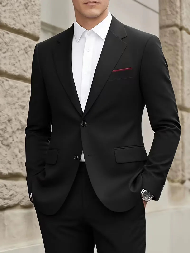 Slim Fit Suit Set Men Woven Fabric Notch Lapel Chest Pocket Straight Leg Ankle Length