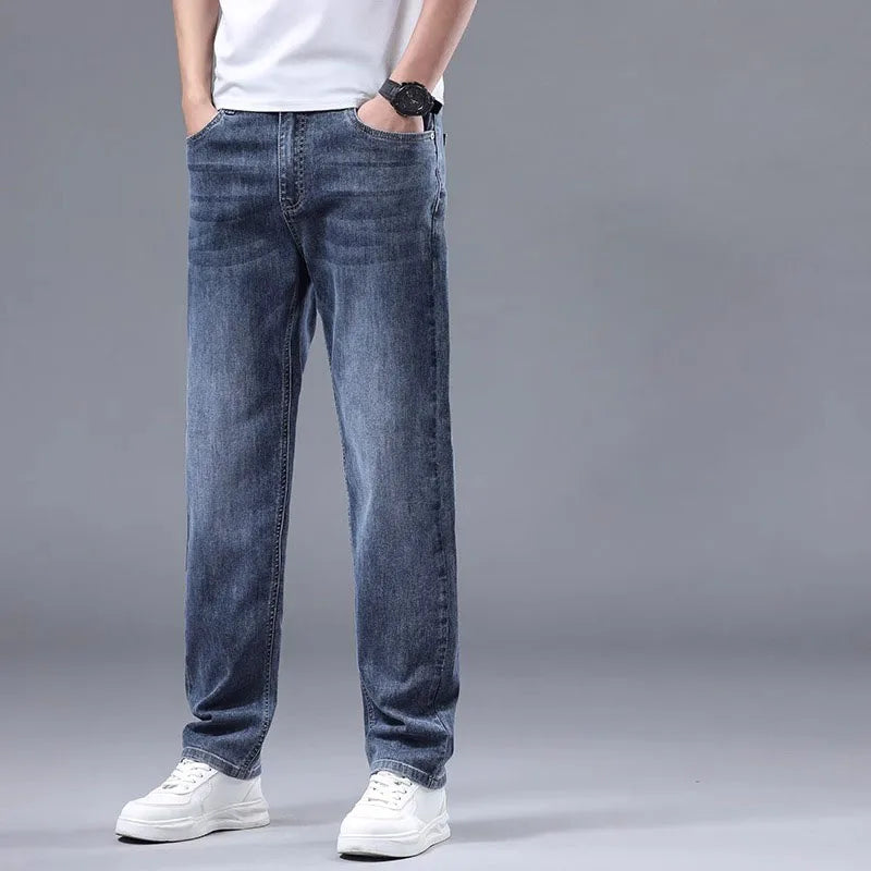 Men's Straight Leg Stretch Jeans Medium Wash Mid Waist Casual Denim Pants