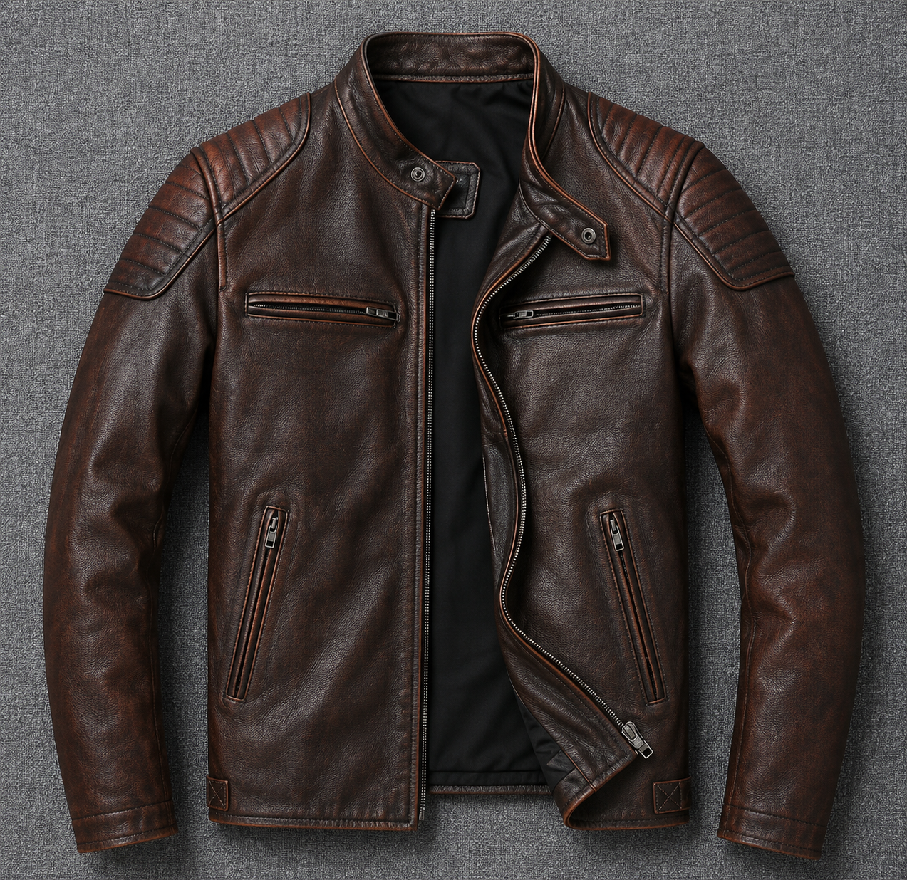 Men's Genuine Leather Jacket Zip Front Stand Collar