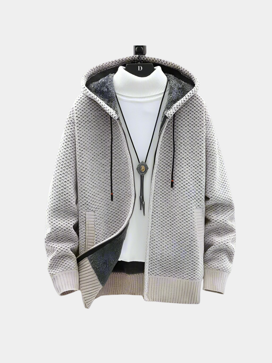 Men's Zip-Up Knitted Hoodie with Fleece-Lined Hood
