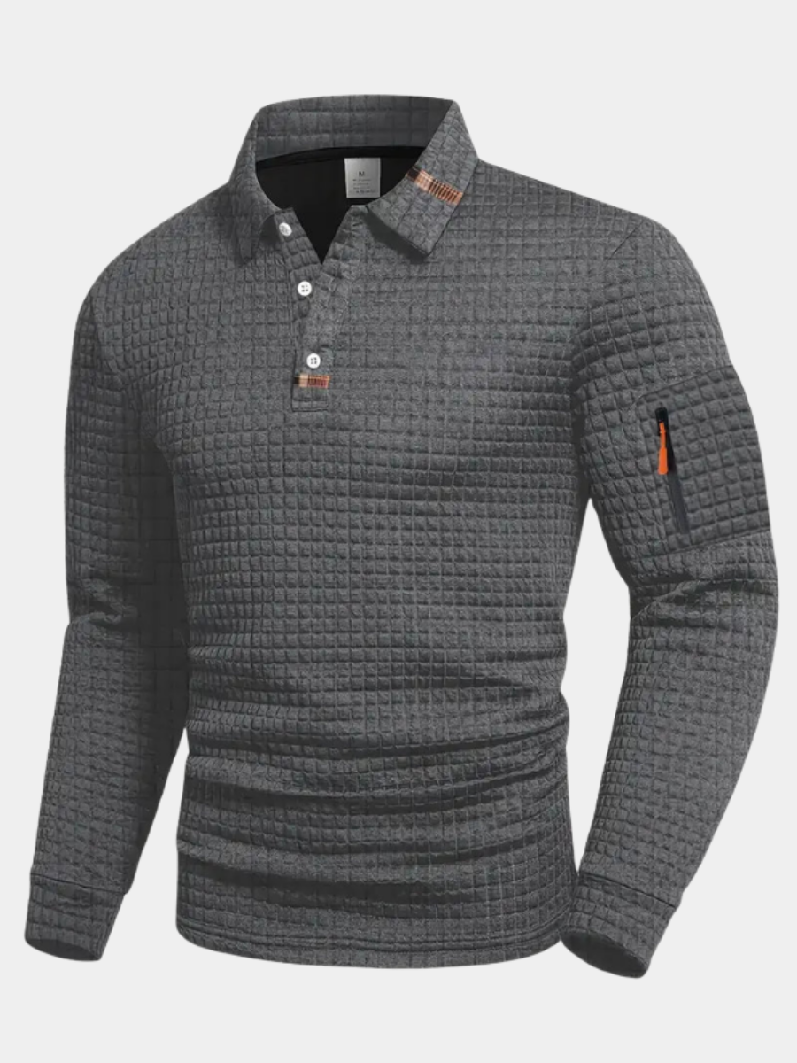Men's Long Sleeve Polo Shirt Textured Slim Fit Tipped Collar with Sleeve Pocket