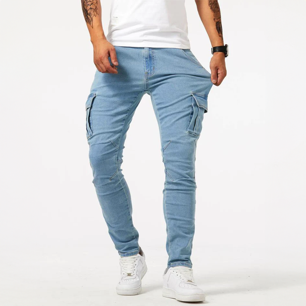 Men's Cargo Jeans Denim Fabric Slim Fit Multi Pocket