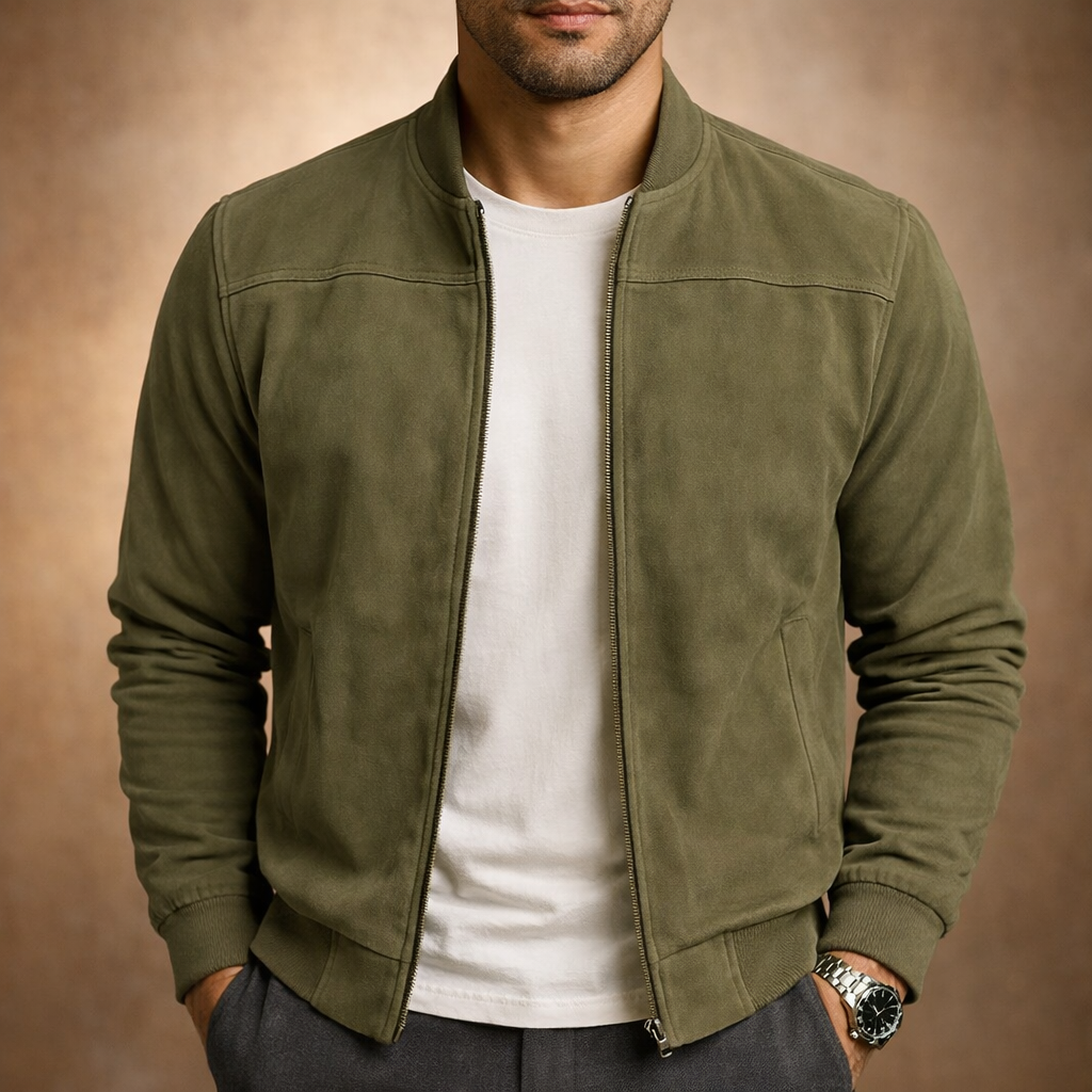 Men's Bomber Jacket Suede Full Zip Modern Fit