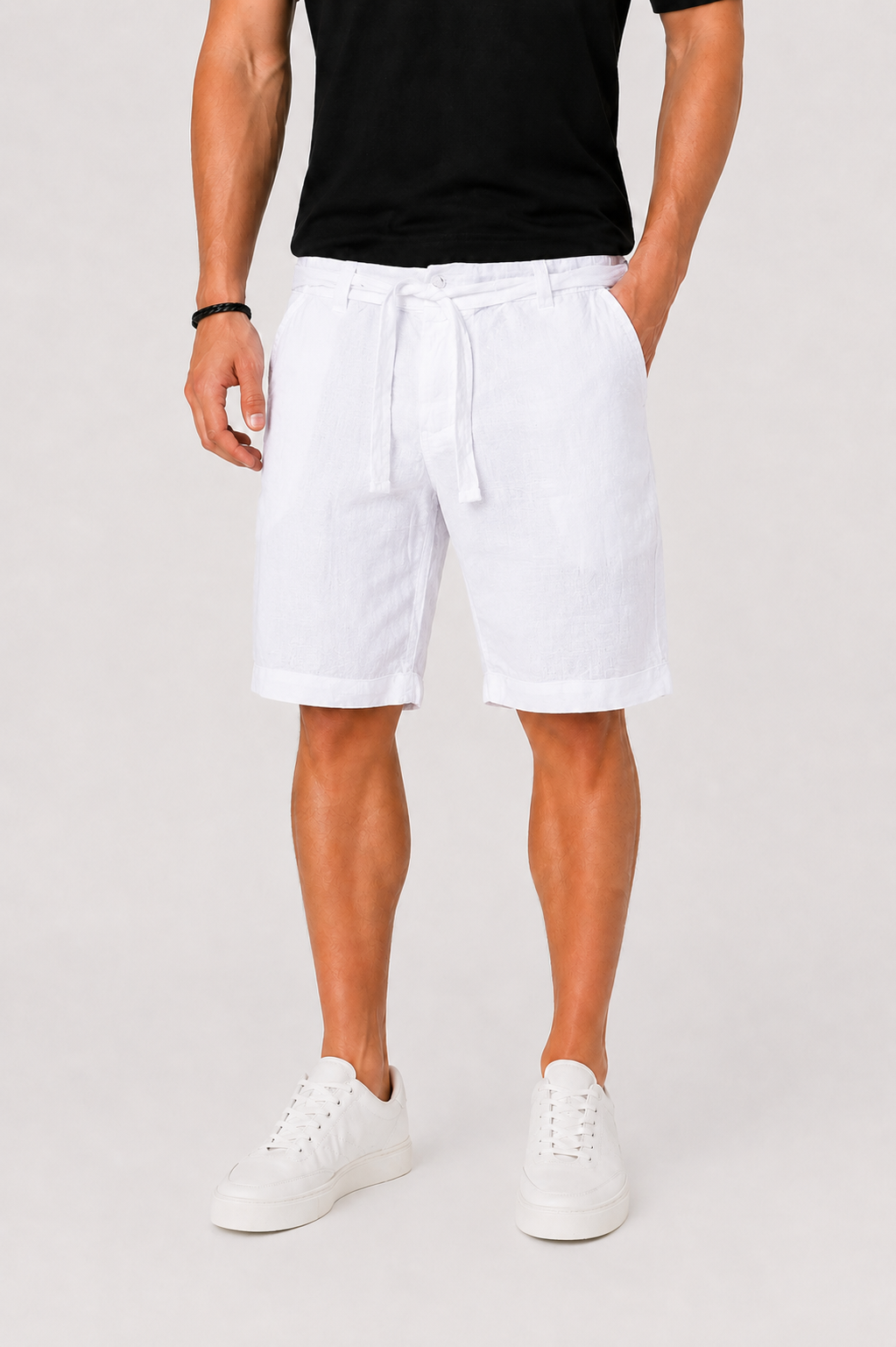 Shorts en lin à cordon pour hommes, coupe décontractée, ourlet roulé, poche latérale, mi-cuisse