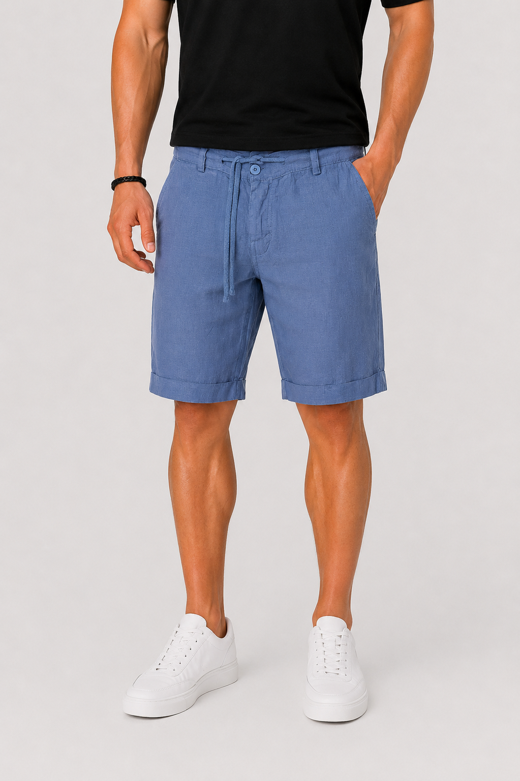 Shorts en lin à cordon pour hommes, coupe décontractée, ourlet roulé, poche latérale, mi-cuisse