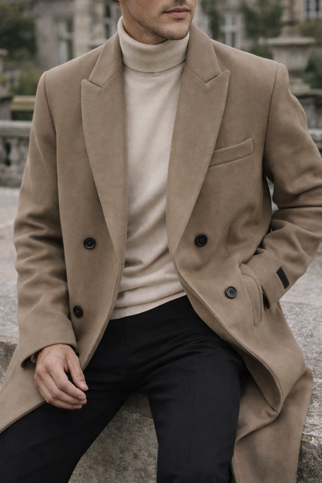 Men’s Double-Breasted Overcoat with Notched Lapel