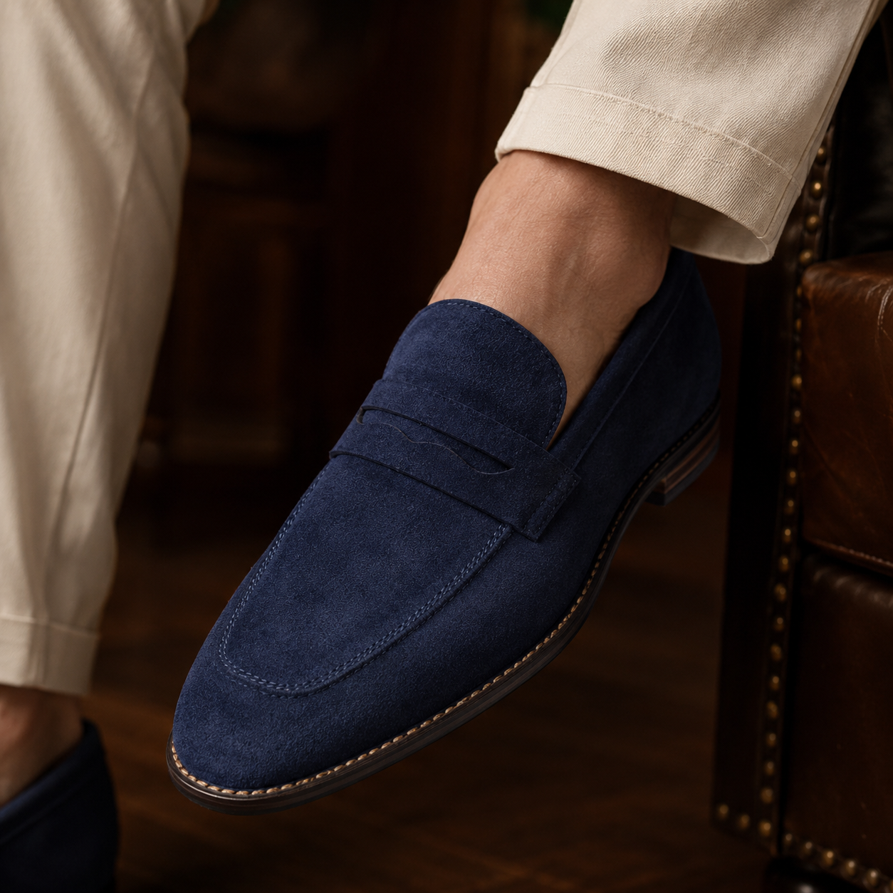 Men's Penny Loafers Suede Slip On Round Toe Smart Casual
