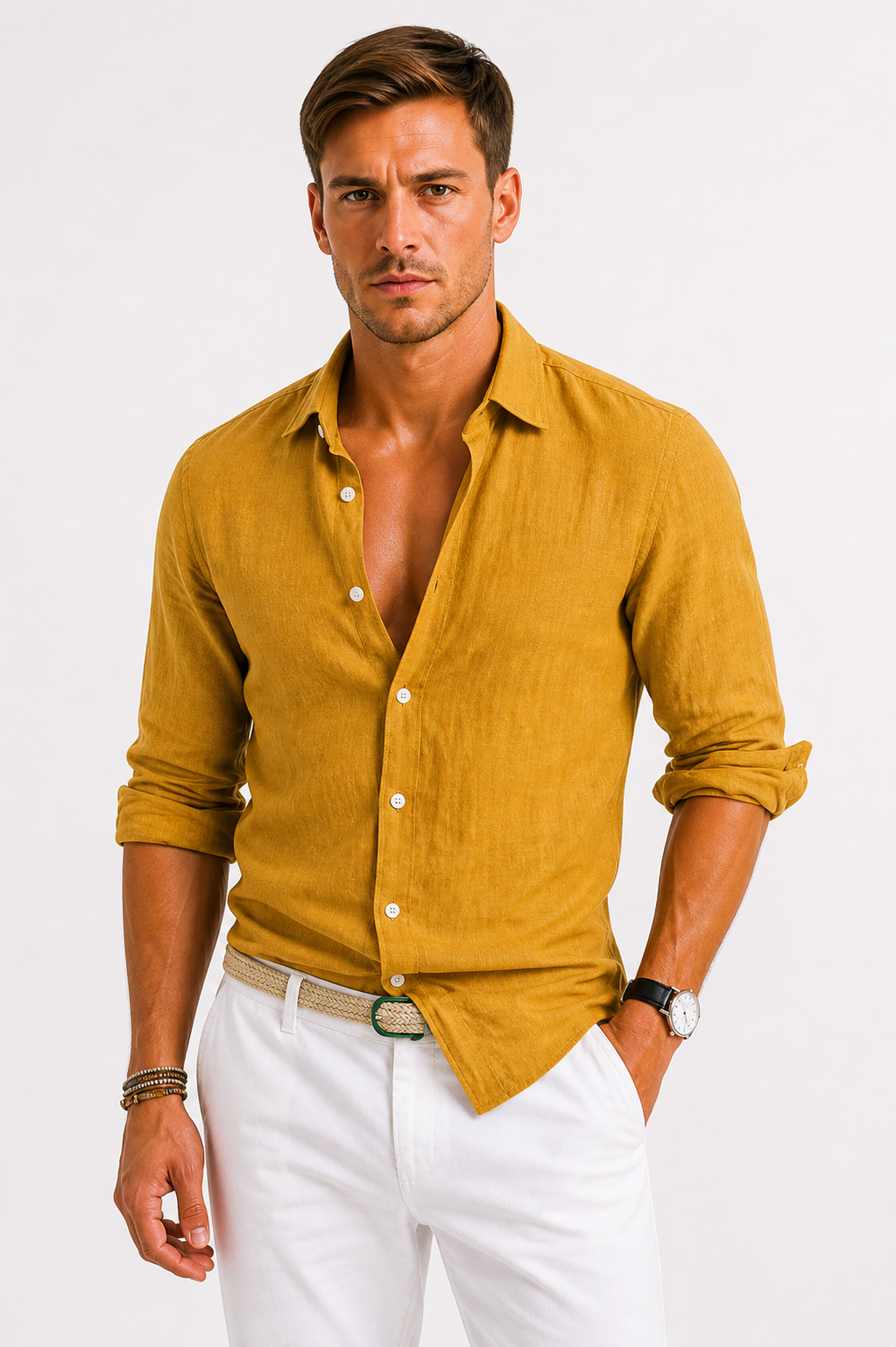 Linen Oxford Shirt Men Linen Button Down Rolled Sleeves Relaxed Fit Casual