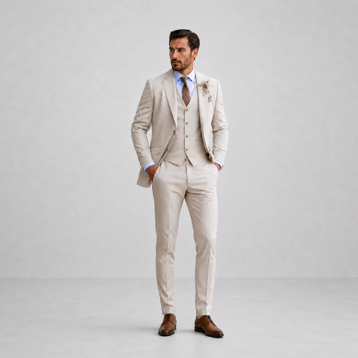 Three Piece Linen Suit Set Men Linen Notch Lapel Waistcoat Flat Front Trouser Formal