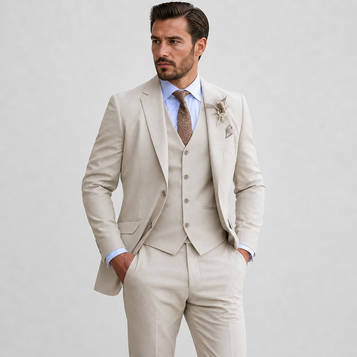 Three Piece Linen Suit Set Men Linen Notch Lapel Waistcoat Flat Front Trouser Formal