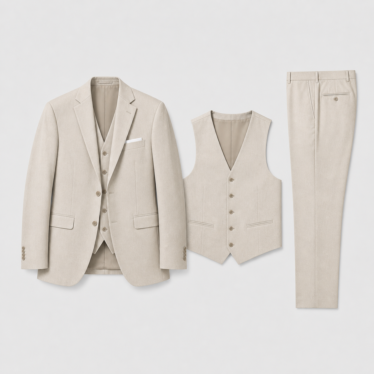 Three Piece Linen Suit Set Men Linen Notch Lapel Waistcoat Flat Front Trouser Formal