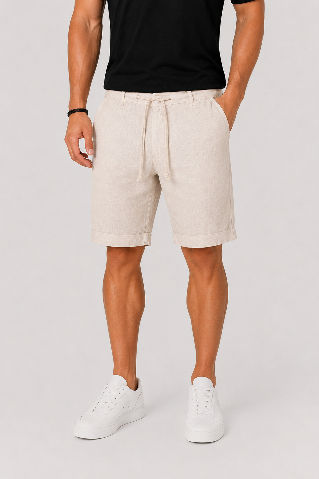 Linen Drawstring Shorts Men Linen Relaxed Fit Rolled Hem Side Pocket Mid Thigh