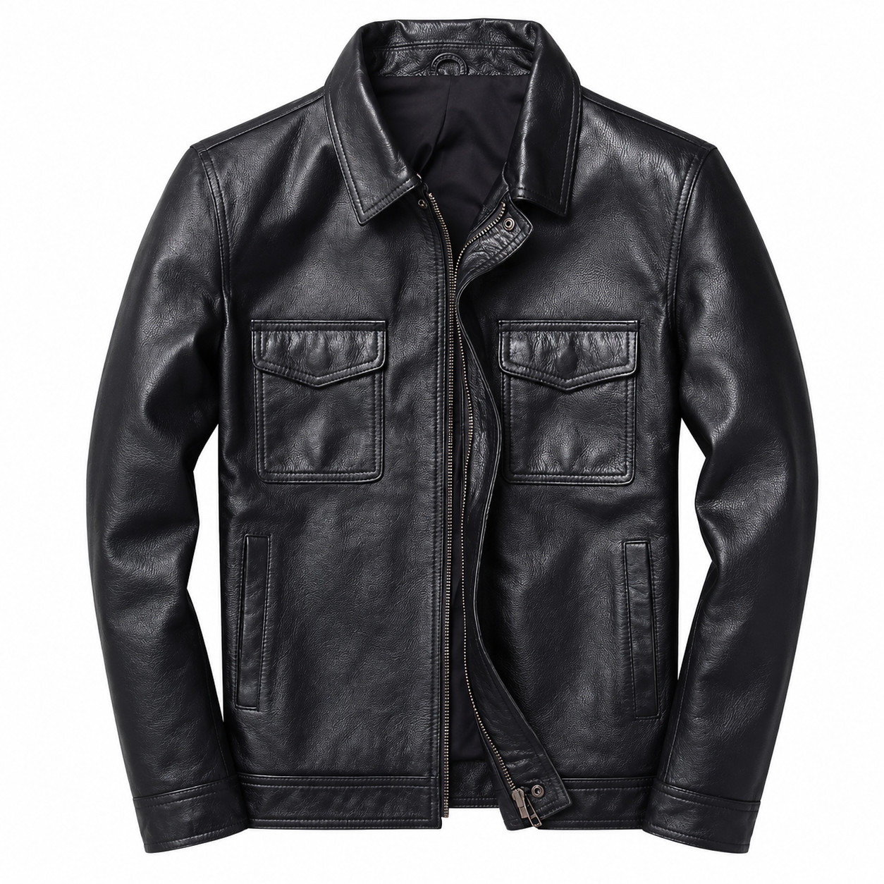 Men's Genuine Leather Jacket Zip Front Stand Collar