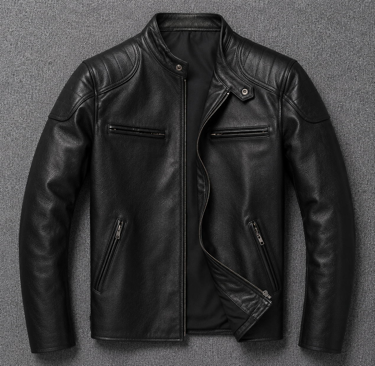 Men's Genuine Leather Jacket Zip Front Stand Collar
