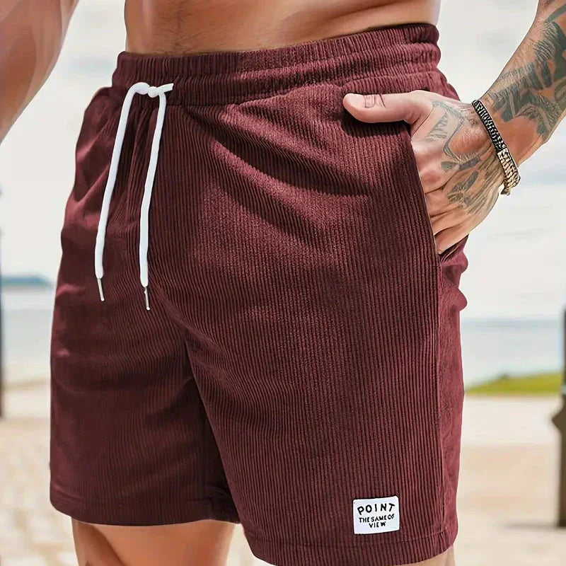 Shorts à cordon côtelés pour hommes en mélange de coton, coupe décontractée, mi-cuisse, poche avant, décontracté
