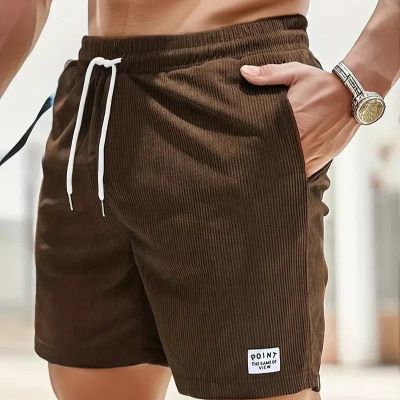 Shorts à cordon côtelés pour hommes en mélange de coton, coupe décontractée, mi-cuisse, poche avant, décontracté