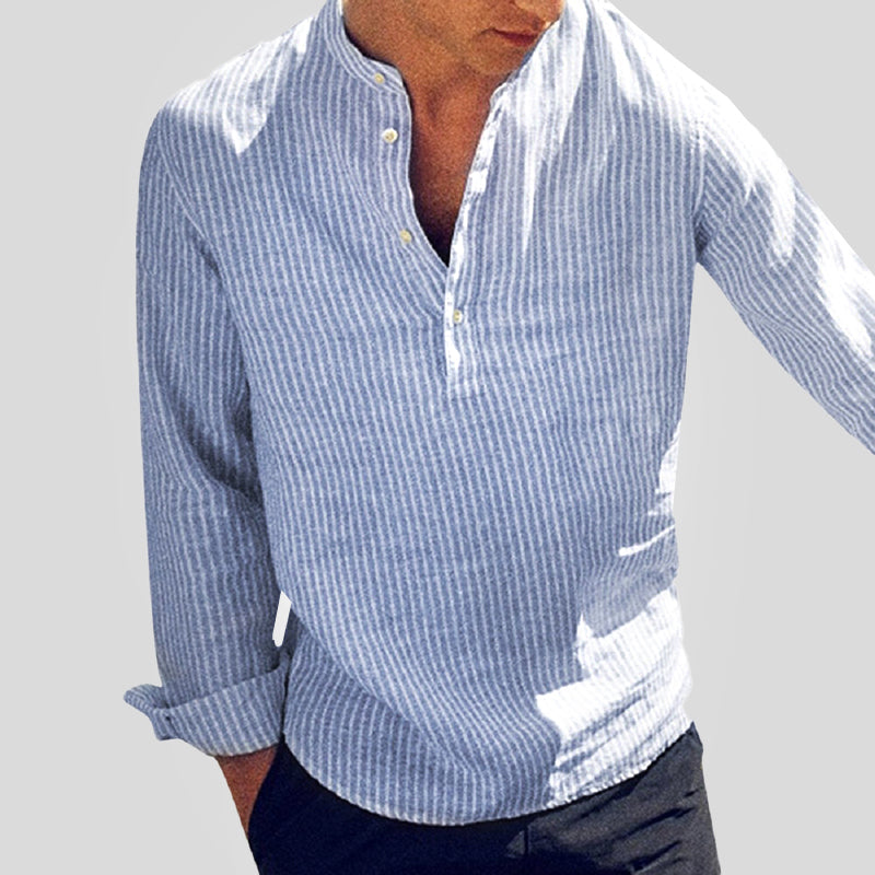 Striped Henley Shirt Cotton Linen Blend Long Sleeve Button Placket Relaxed Fit