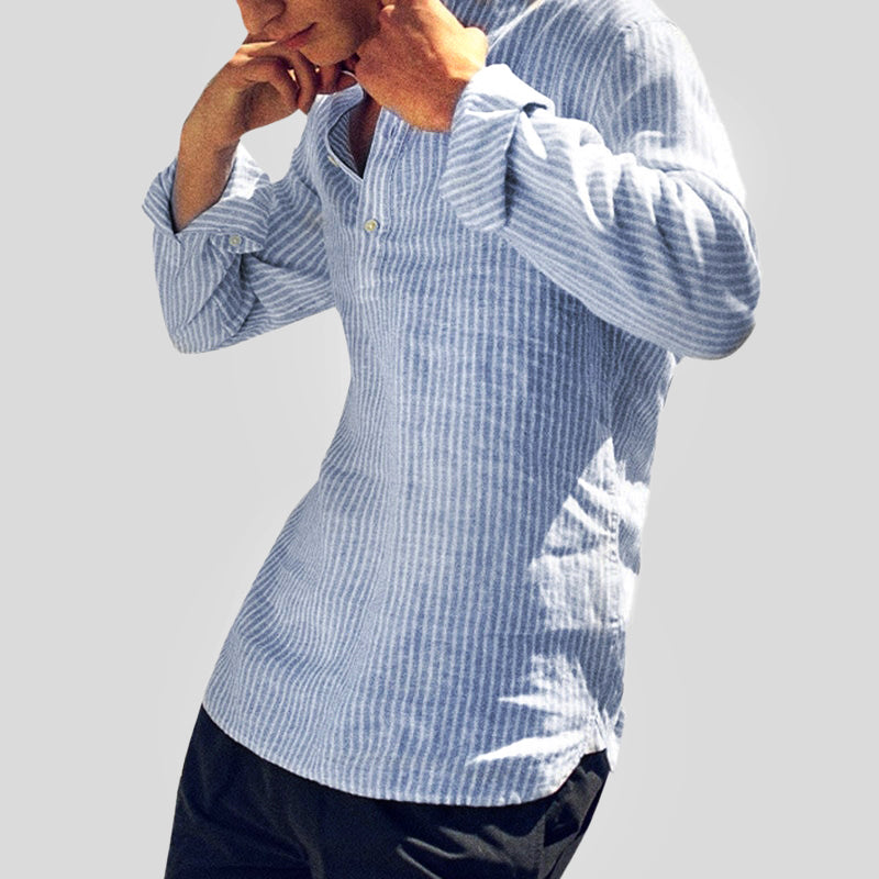 Striped Henley Shirt Cotton Linen Blend Long Sleeve Button Placket Relaxed Fit