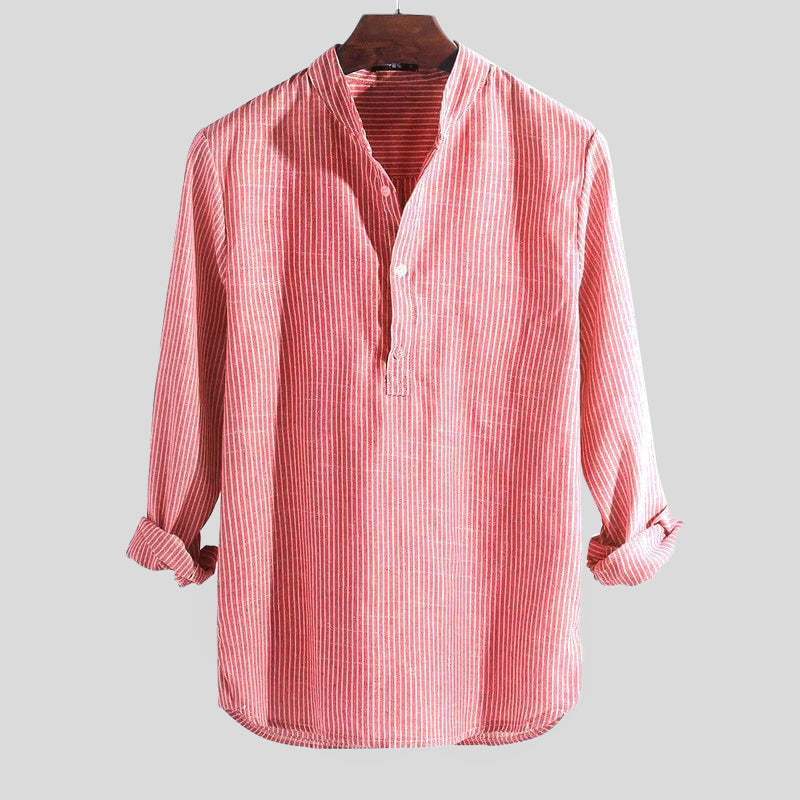 Chemise Henley rayée en mélange de coton et lin, manches longues, patte de boutonnage, coupe décontractée