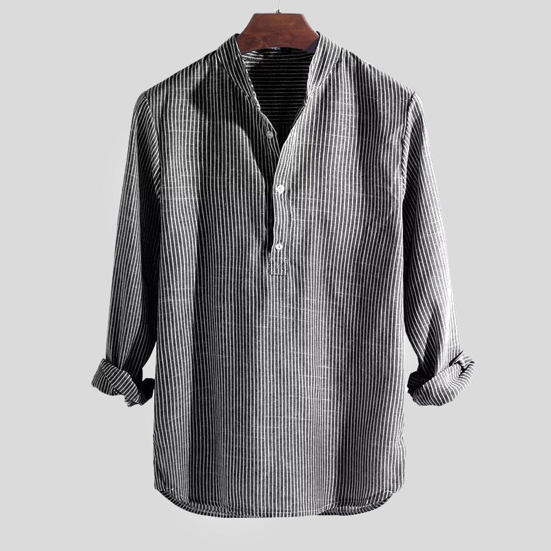 Chemise Henley rayée en mélange de coton et lin, manches longues, patte de boutonnage, coupe décontractée