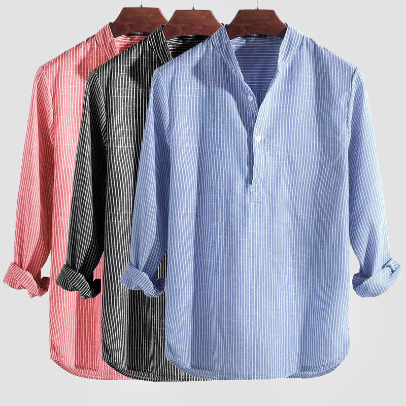 Chemise Henley rayée en mélange de coton et lin, manches longues, patte de boutonnage, coupe décontractée