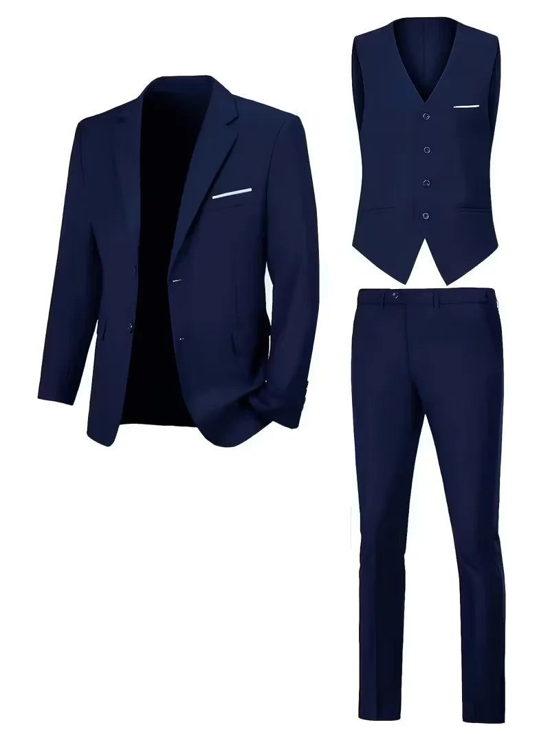 Three Piece Suit Set Men Woven Fabric Slim Fit Notch Lapel Two Button Waistcoat Formal